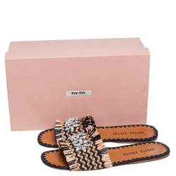Pre Owned Miu Miu Beige/Black Woven Raffia Crystal Embellished Flat Slides Size 39