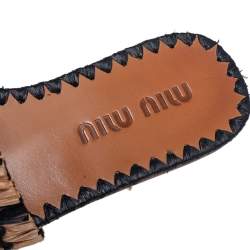 Pre Owned Miu Miu Beige/Black Woven Raffia Crystal Embellished Flat Slides Size 39