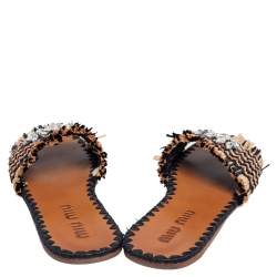 Pre Owned Miu Miu Beige/Black Woven Raffia Crystal Embellished Flat Slides Size 39