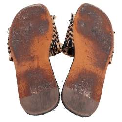 Pre Owned Miu Miu Beige/Black Woven Raffia Crystal Embellished Flat Slides Size 39