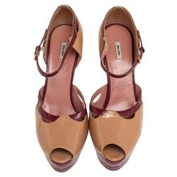 Miu Miu Beige /Pink Patent Leather Peep Toe Ankle Strap Sandals Size 38.5