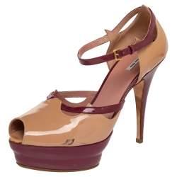 Miu Miu Beige /Pink Patent Leather Peep Toe Ankle Strap Sandals Size 38.5
