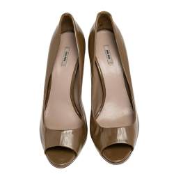 Miu Miu Dark Beige Patent Leather Peep Toe Pumps Size 39