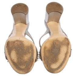 Miu Miu Silver Leather Crystal And Pearl Embellished Slide Sandals Size 38.5