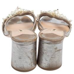 Miu Miu Silver Leather Crystal And Pearl Embellished Slide Sandals Size 38.5