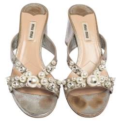 Miu Miu Silver Leather Crystal And Pearl Embellished Slide Sandals Size 38.5