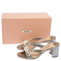 Miu Miu Silver Leather Crystal And Pearl Embellished Slide Sandals Size 38.5