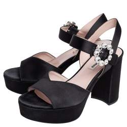 Pre Owned Miu Miu Black Satin Crystal Embellished Buckle Platform Ankle Strap Sandals Size 36