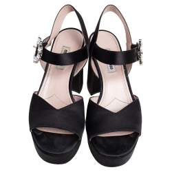 Pre Owned Miu Miu Black Satin Crystal Embellished Buckle Platform Ankle Strap Sandals Size 36