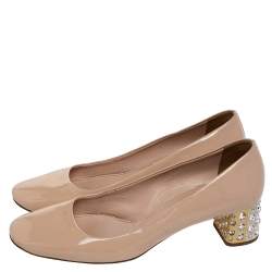 Pre Owned Miu Miu Beige Patent Leather Crystal Embellished Block Heel Pumps Size 39