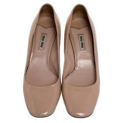 Pre Owned Miu Miu Beige Patent Leather Crystal Embellished Block Heel Pumps Size 39