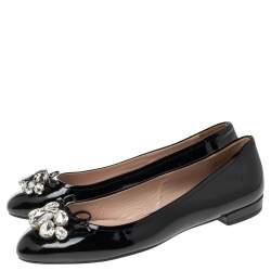 Pre Owned Miu Miu Black Patent Leather Crystal Embellished Bow Ballet Flats Size 36.5