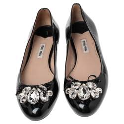 Pre Owned Miu Miu Black Patent Leather Crystal Embellished Bow Ballet Flats Size 36.5