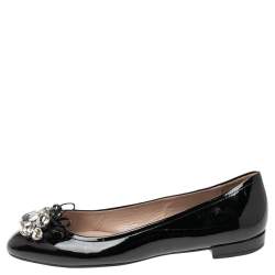Pre Owned Miu Miu Black Patent Leather Crystal Embellished Bow Ballet Flats Size 36.5
