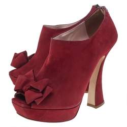 Miu Miu Red Suede Peep Toe Bow Platform Ankle Length Boots Size 40.5