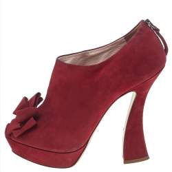 Miu Miu Red Suede Peep Toe Bow Platform Ankle Length Boots Size 40.5