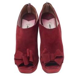 Miu Miu Red Suede Peep Toe Bow Platform Ankle Length Boots Size 40.5