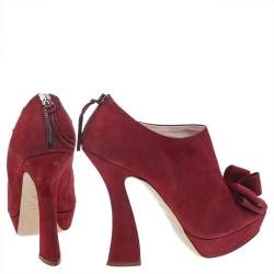Miu Miu Red Suede Peep Toe Bow Platform Ankle Length Boots Size 40.5