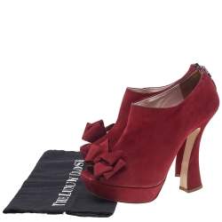 Miu Miu Red Suede Peep Toe Bow Platform Ankle Length Boots Size 40.5