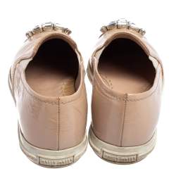 Pre Owned Miu Miu Beige Patent Leather Crystal Embellished Cap Toe Slip On Sneakers Size 38