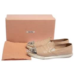 Pre Owned Miu Miu Beige Patent Leather Crystal Embellished Cap Toe Slip On Sneakers Size 38