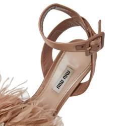 Miu Miu Beige Satin And Feather Crystal Embellished Ankle Strap Sandals Size 37