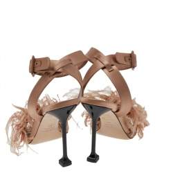 Miu Miu Beige Satin And Feather Crystal Embellished Ankle Strap Sandals Size 37