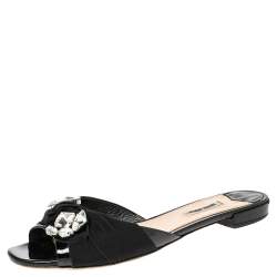 Miu Miu Black Patent Leather Crystal Embellished Slide Flats Size 39.5