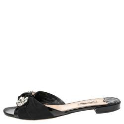 Miu Miu Black Patent Leather Crystal Embellished Slide Flats Size 39.5