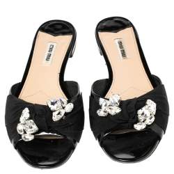 Miu Miu Black Patent Leather Crystal Embellished Slide Flats Size 39.5