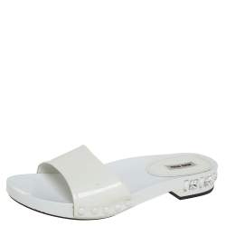 Pre Owned Miu Miu White Patent Leather Crystal Embellished Slide Flats Size 40