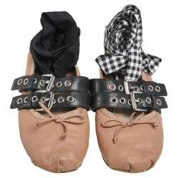 Pre Owned Miu Miu  Beige Leather  Buckle Detail Ballet Flats Size 37