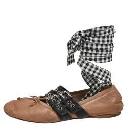 Pre Owned Miu Miu  Beige Leather  Buckle Detail Ballet Flats Size 37