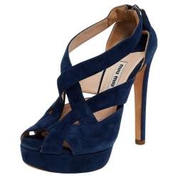 Pre Owned Miu Miu Blue Suede Peep Toe Platform Slingback Sandals Size 36