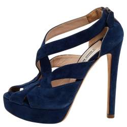 Pre Owned Miu Miu Blue Suede Peep Toe Platform Slingback Sandals Size 36