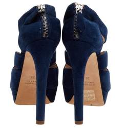 Pre Owned Miu Miu Blue Suede Peep Toe Platform Slingback Sandals Size 36