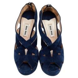 Pre Owned Miu Miu Blue Suede Peep Toe Platform Slingback Sandals Size 36