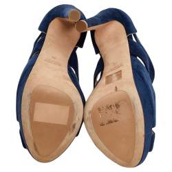 Pre Owned Miu Miu Blue Suede Peep Toe Platform Slingback Sandals Size 36