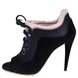 Pre Owned Miu Miu Black  Suede Peep Toe Booties Size 36.5