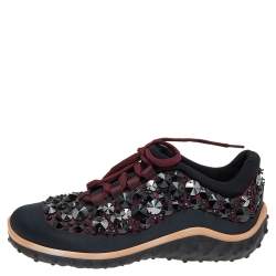 مملوكة مسبقًا Miu Miu Black/Burgundy Embellished Satin and Mesh Astro Sneakers Size 35.5