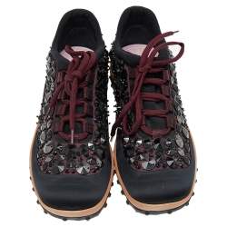 مملوكة مسبقًا Miu Miu Black/Burgundy Embellished Satin and Mesh Astro Sneakers Size 35.5