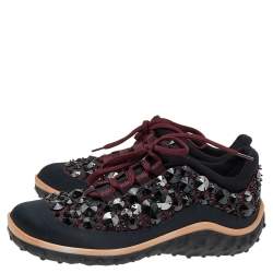 مملوكة مسبقًا Miu Miu Black/Burgundy Embellished Satin and Mesh Astro Sneakers Size 35.5
