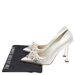 Pre Owned حذاء كعب عالي ميو ميو ساتان أبيض مزخرف مقدمة مدببة مقاس 38 