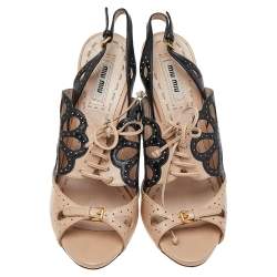 Miu Miu Beige/Black Leather Ankle Strap Sandals Size 37.5
