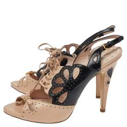 Miu Miu Beige/Black Leather Ankle Strap Sandals Size 37.5