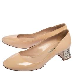 Pre Owned Miu Miu Beige Patent Leather Crystal Heel Pumps Size 39