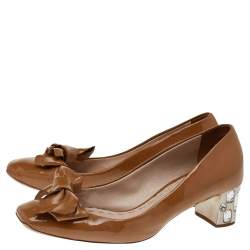 Miu Miu Dark Beige Patent Leather Bow Crystal Embellished Heel Pumps Size 37.5