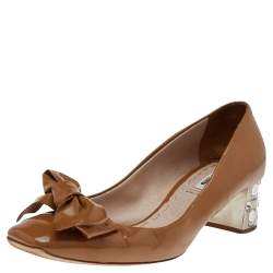 Miu Miu Dark Beige Patent Leather Bow Crystal Embellished Heel Pumps Size 37.5