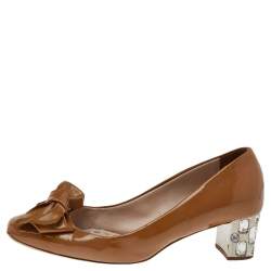 Miu Miu Dark Beige Patent Leather Bow Crystal Embellished Heel Pumps Size 37.5