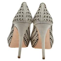 Miu Miu Grey Laser Cut Leather Peep Toe Platform Pumps Size 37